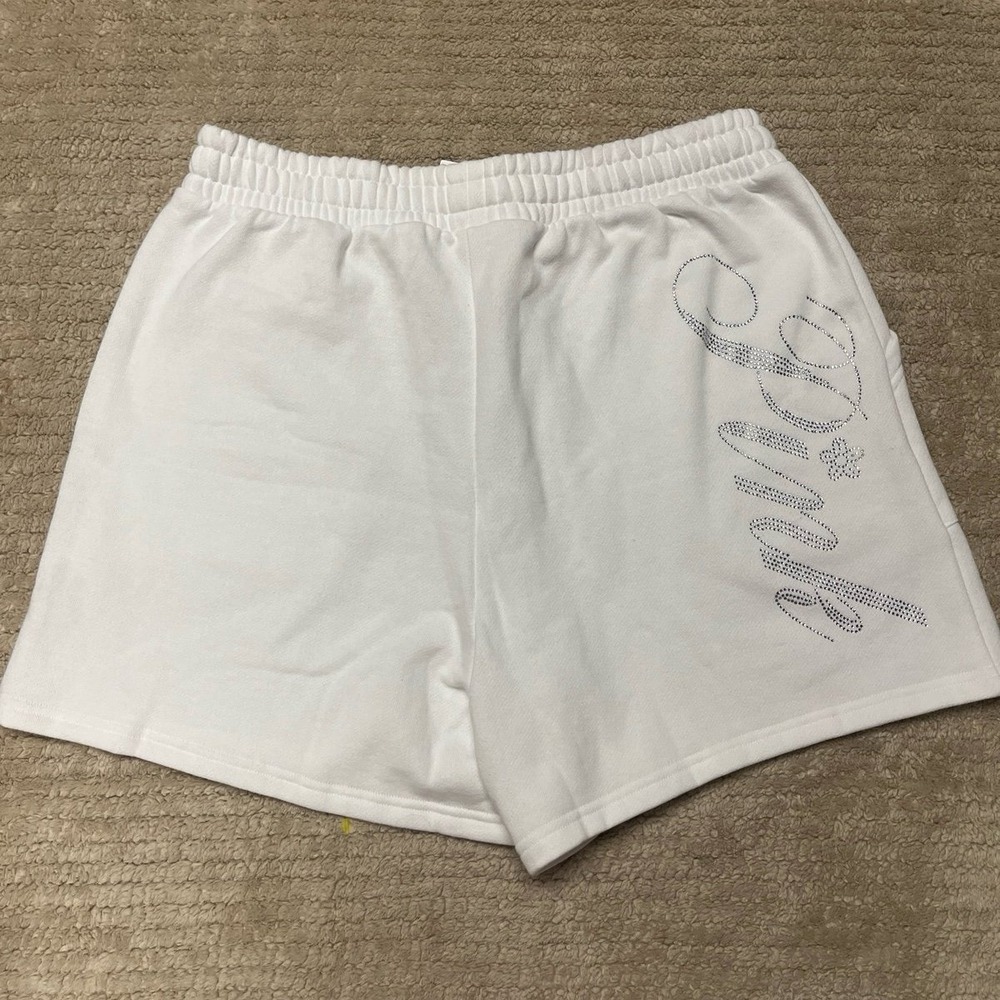 Victoria's Secret PINK Campus Fleece Shorts in white with embellished logo LG